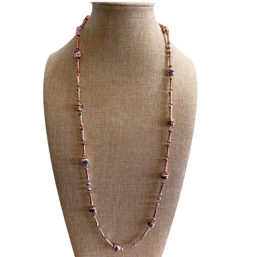 Copper Tone Skull and Bone Beaded Long Statement Necklace Gothic Edgy